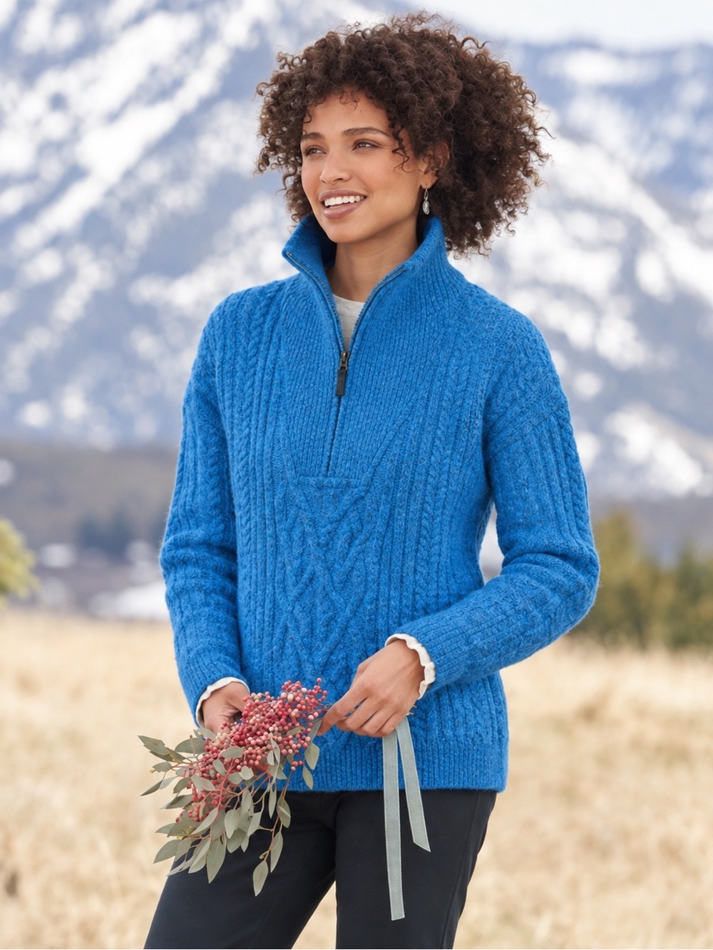 SUNDANCE CHUNKY CABLE KNIT 1/4 ZIP FUNNEL KNIT PULLOVER SWEATER